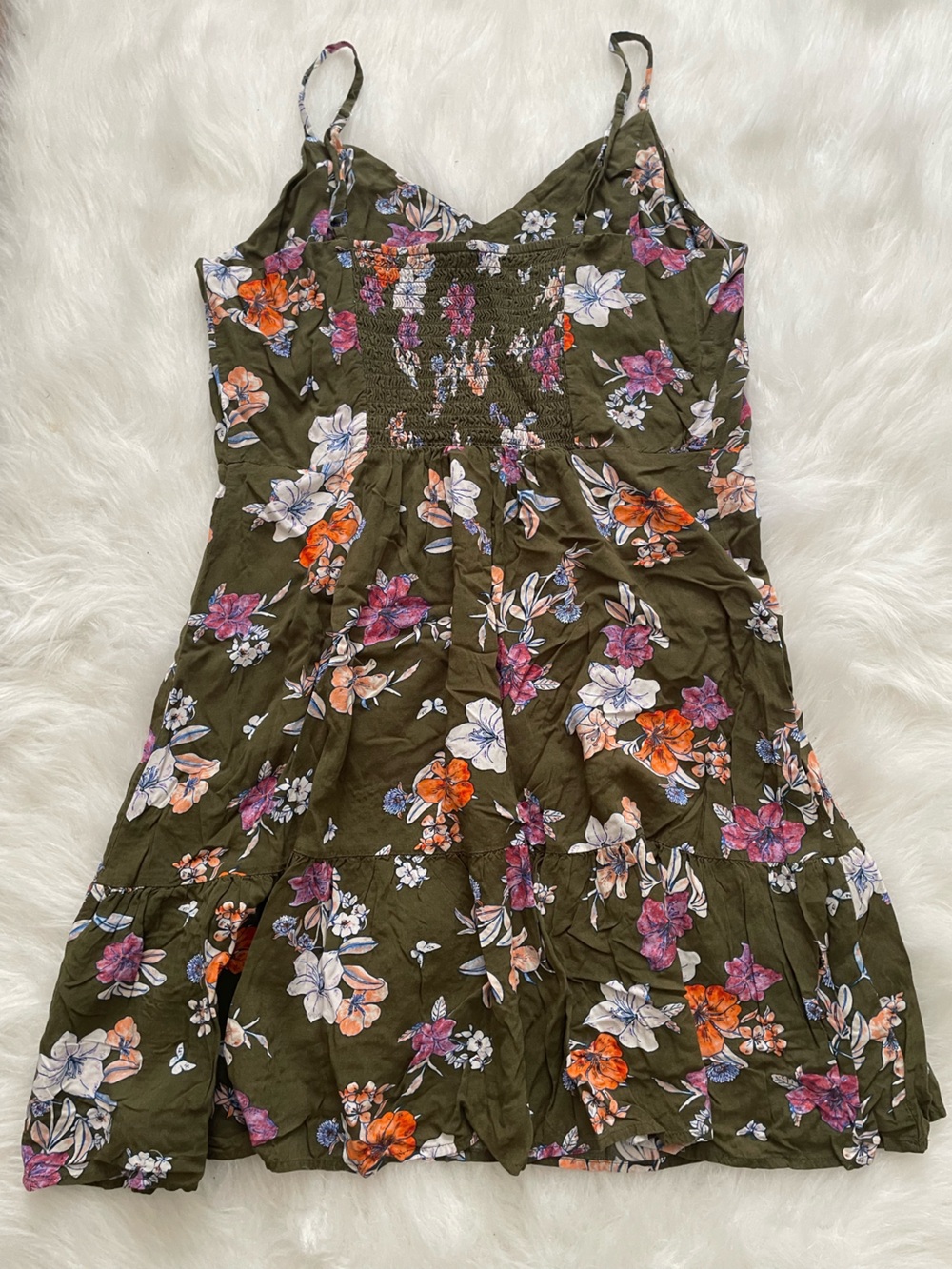 Floral Tie-Shoulder Olive Green Mini Dress - Picture 3 of 6